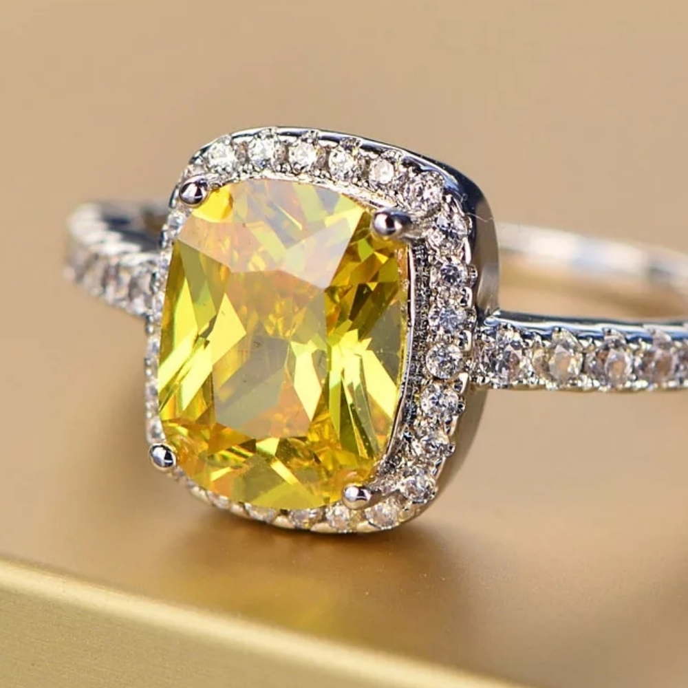 New Silver Square Amber Color Diamond Ring - Picture 1 of 3